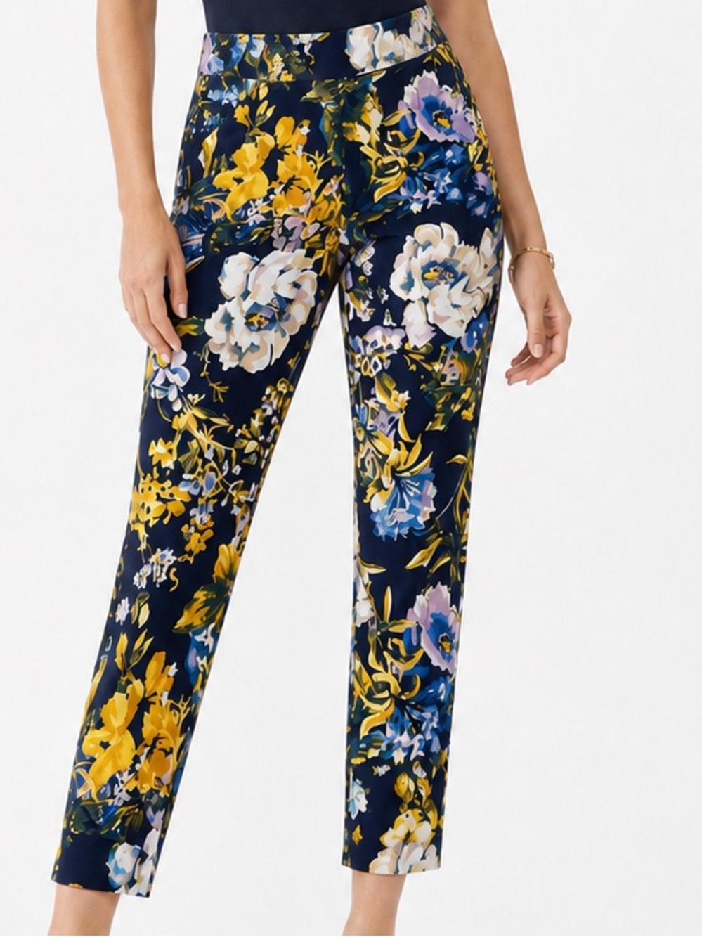 CHICO’S So Slimming Stretch Blue Yellow Purple Floral Cropped Ankle Pants #LHP